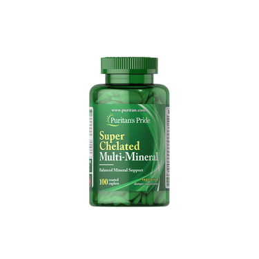 Puritan's Pride Super Chelated Multi-Mineral, 100 coated caplets, offers balanced support with chelated minerals for optimal absorption.